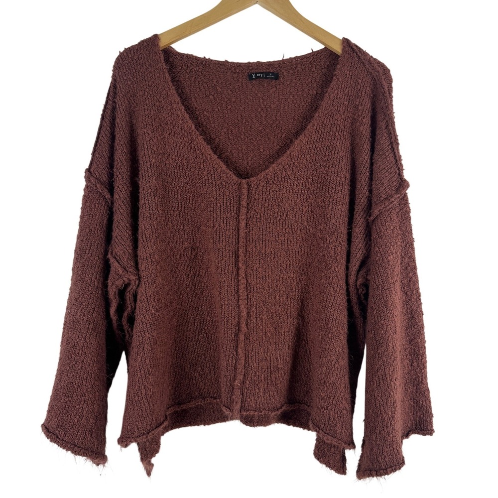 Very J Women 1X Knit Sweater Brick Red V Neck Long Sleeve Hi Low Sweater‎